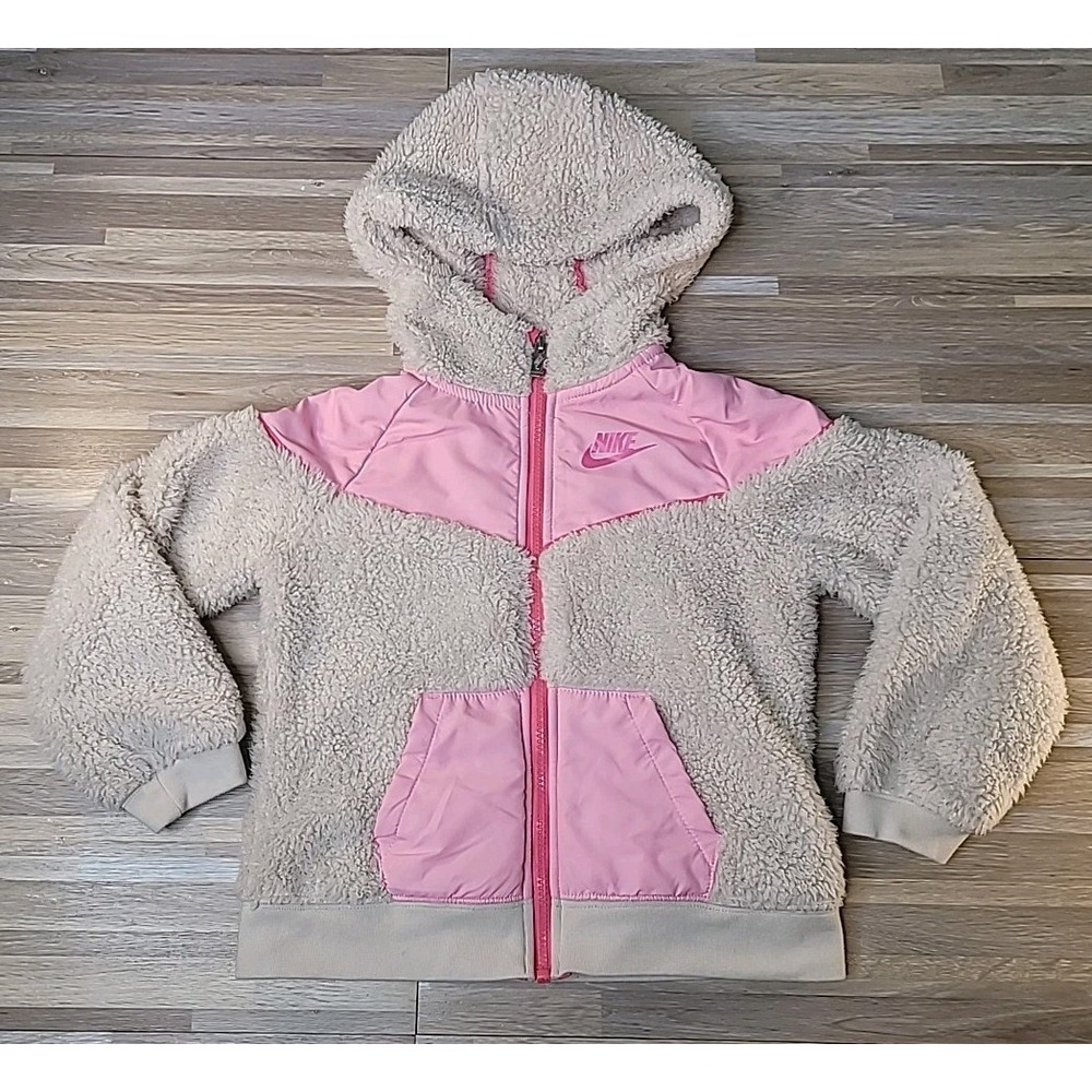 Nike Girls Sherpa Hooded Jacket Sweatshirt Size 6X Light Orewood Burn Full Zip‎